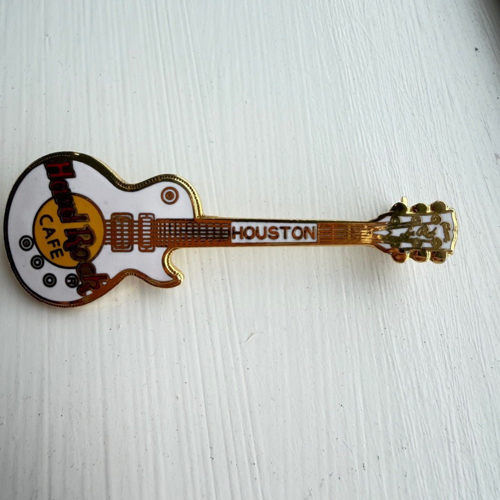 Hard Rock Cafe Houston Guitar Pin Gold Tone White Les Paul Collectible Brooch‎